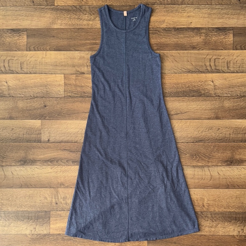 LUNYA Dress Size Medium Heathered Blue Jersey Knit Sleeveless Tank Midi Form Fit
